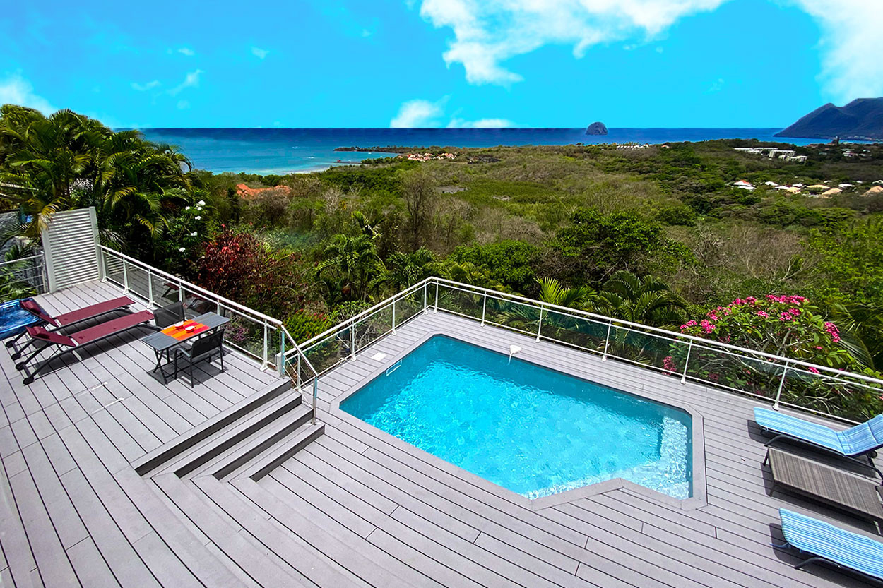 Superbe villa du Diamant vue sur le rocher location Martinique piscine, Spas 11 personnes